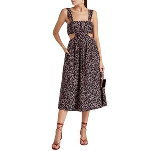 NWT Rebecca Vallance Cha Cha Tie-Back Cutout Printed Silk-Habotai Midi Dress 10